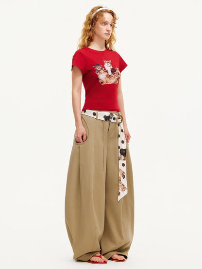 OuttheBlue Polka Dot Cat Print Woven Patchwork Satin Women&