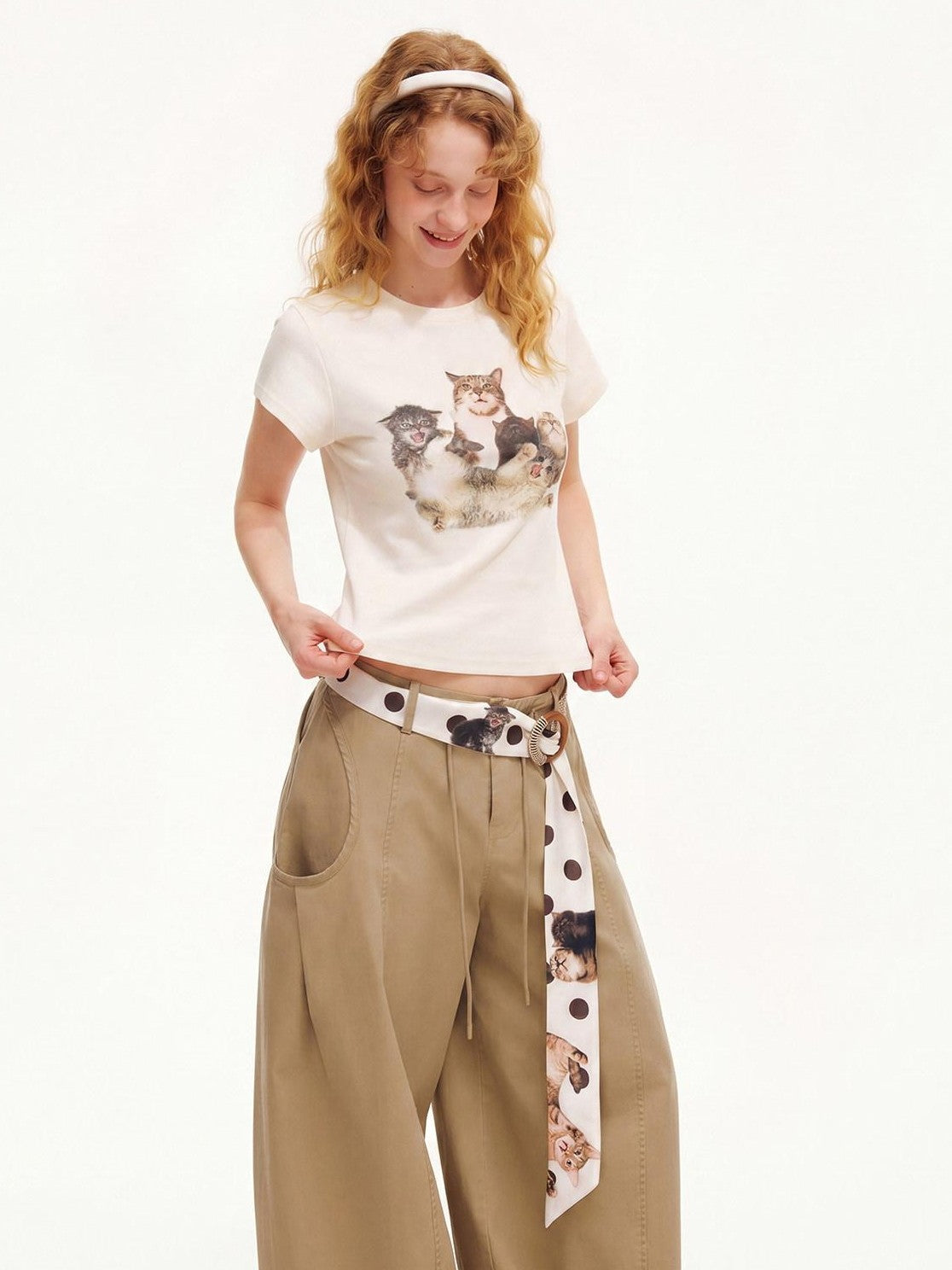OuttheBlue Polka Dot Cat Print Woven Patchwork Satin Women&
