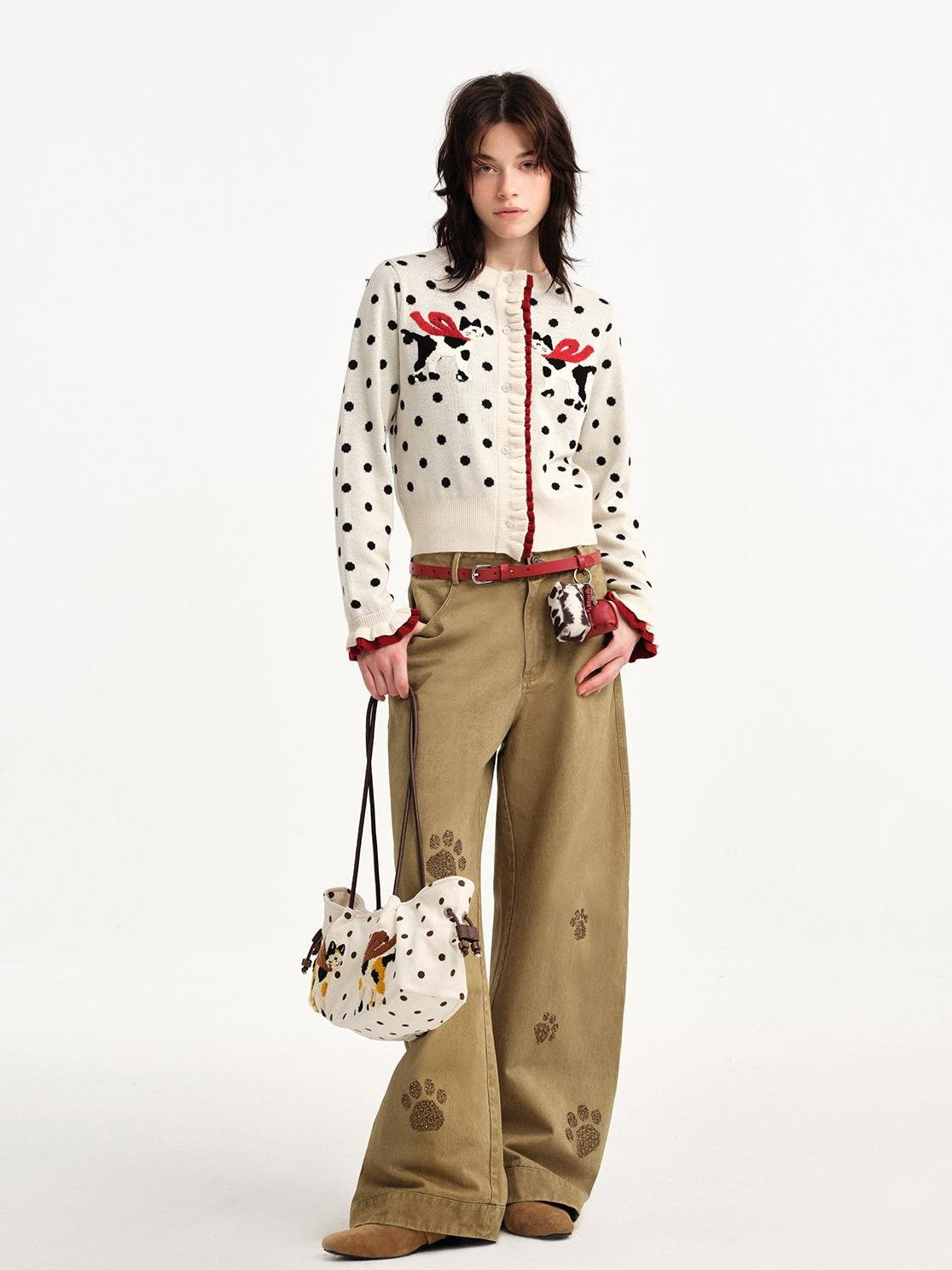 OuttheBlue Polka Dot Cat Towel Embroidery Color Block Women&
