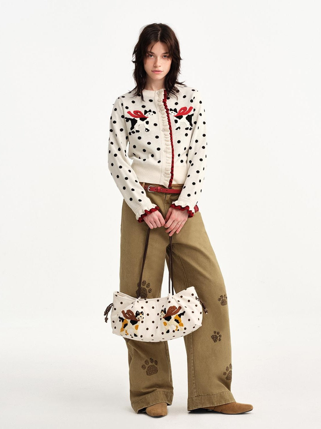 OuttheBlue Polka Dot Cat Towel Embroidery Color Block Women&
