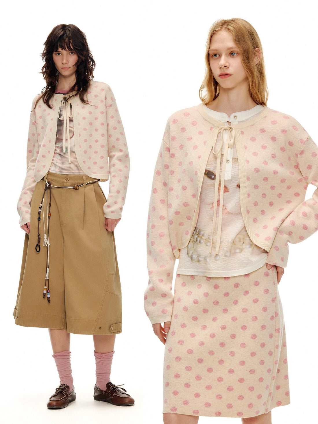 OuttheBlue Polka Dot Crop High Waist Knit Cardigan Loose Fit Women Casual Top &amp; Skirt Sets