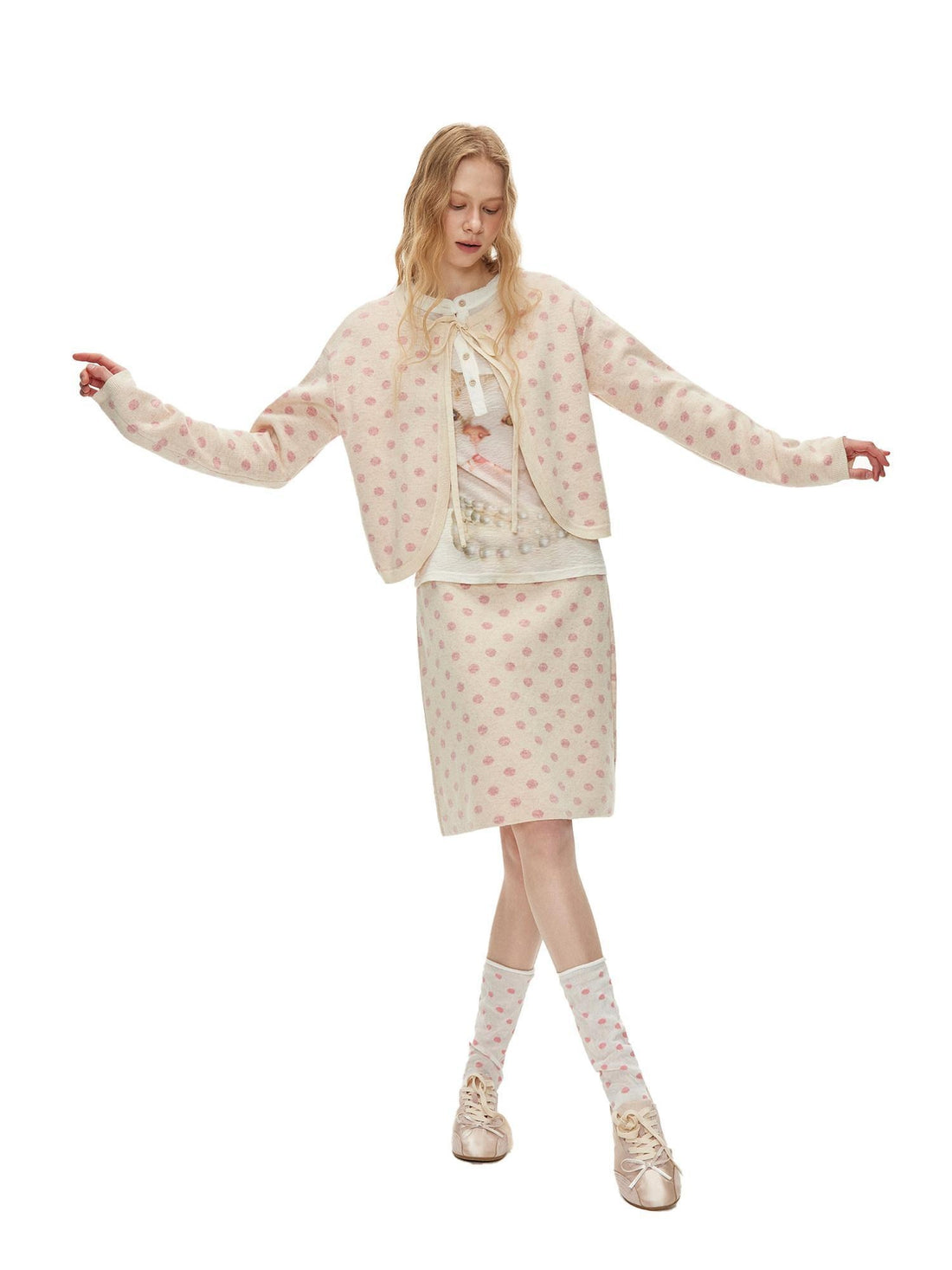 OuttheBlue Polka Dot Crop High Waist Knit Cardigan Loose Fit Women Casual Top &amp; Skirt Sets