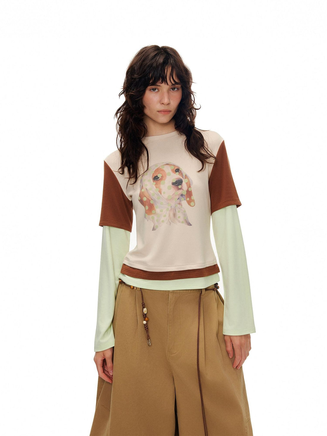 OuttheBlue Polka Dot Dog Three Color Splice Crew Neck Women&
