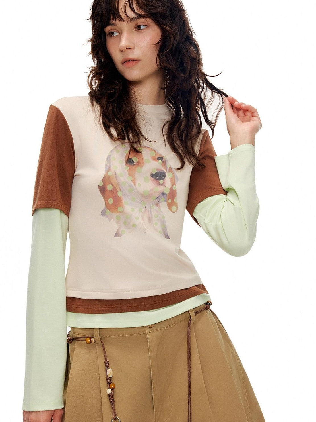 OuttheBlue Polka Dot Dog Three Color Splice Crew Neck Women&