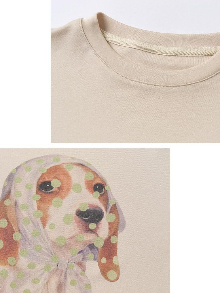 OuttheBlue Polka Dot Dog Three Color Splice Crew Neck Women&