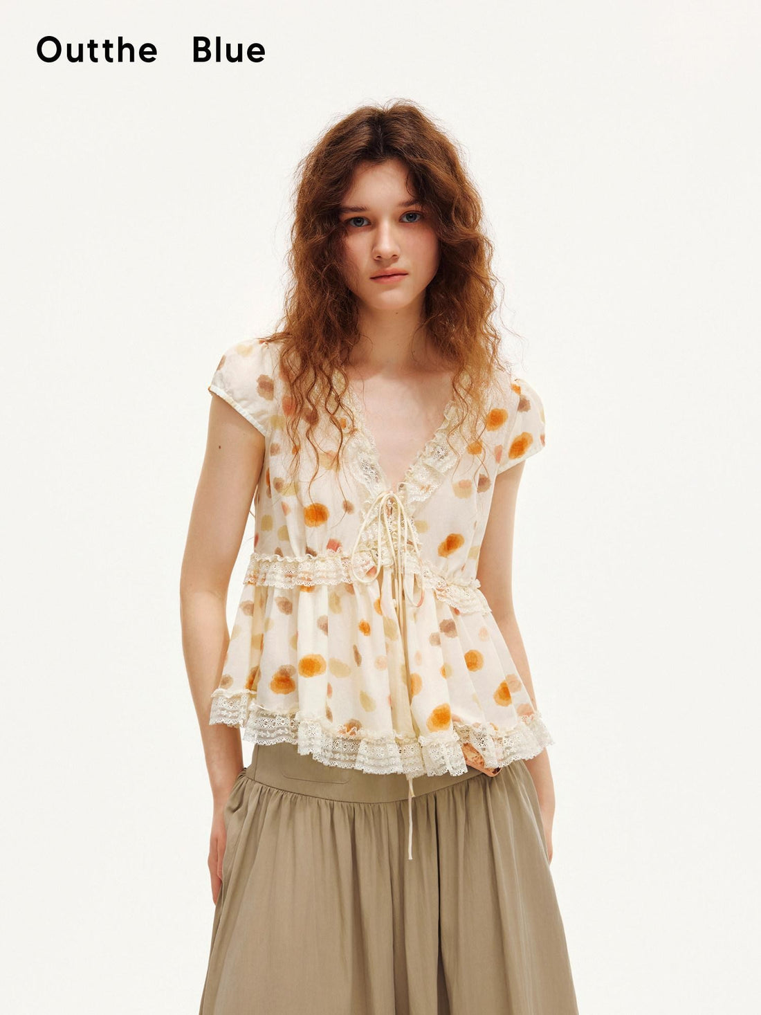 OuttheBlue Polka Dot Lace Trim Tie Front Puff Sleeve Women&