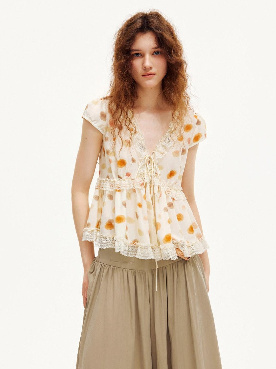 OuttheBlue Polka Dot Lace Trim Tie Front Puff Sleeve Women&