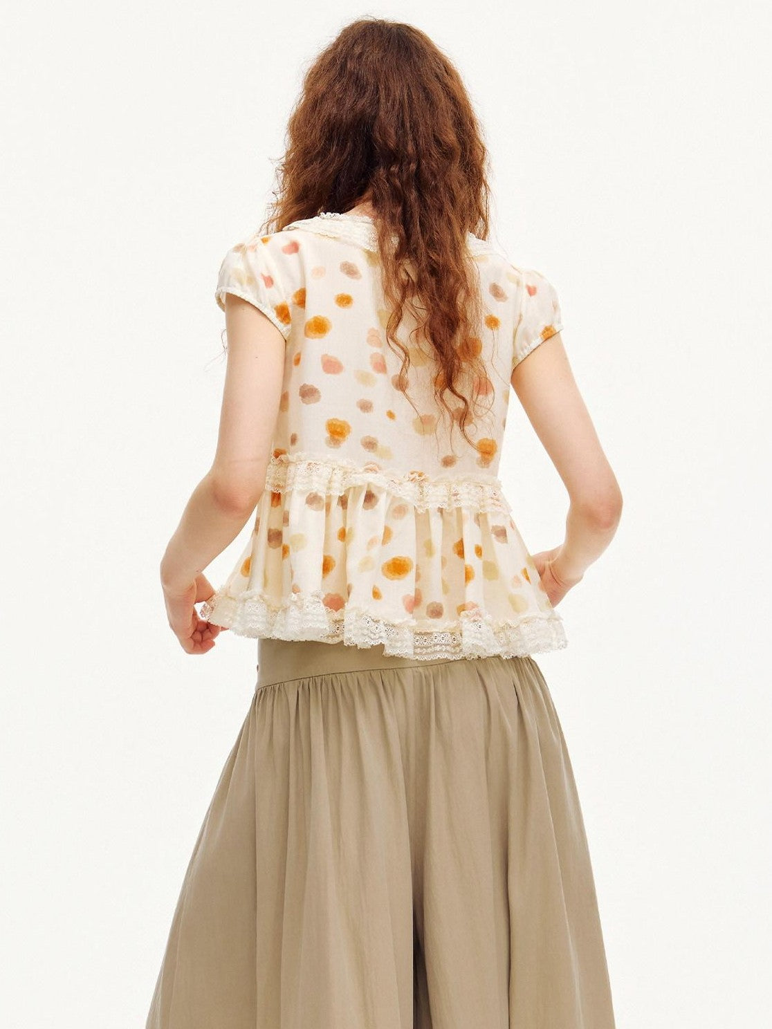 OuttheBlue Polka Dot Lace Trim Tie Front Puff Sleeve Women&