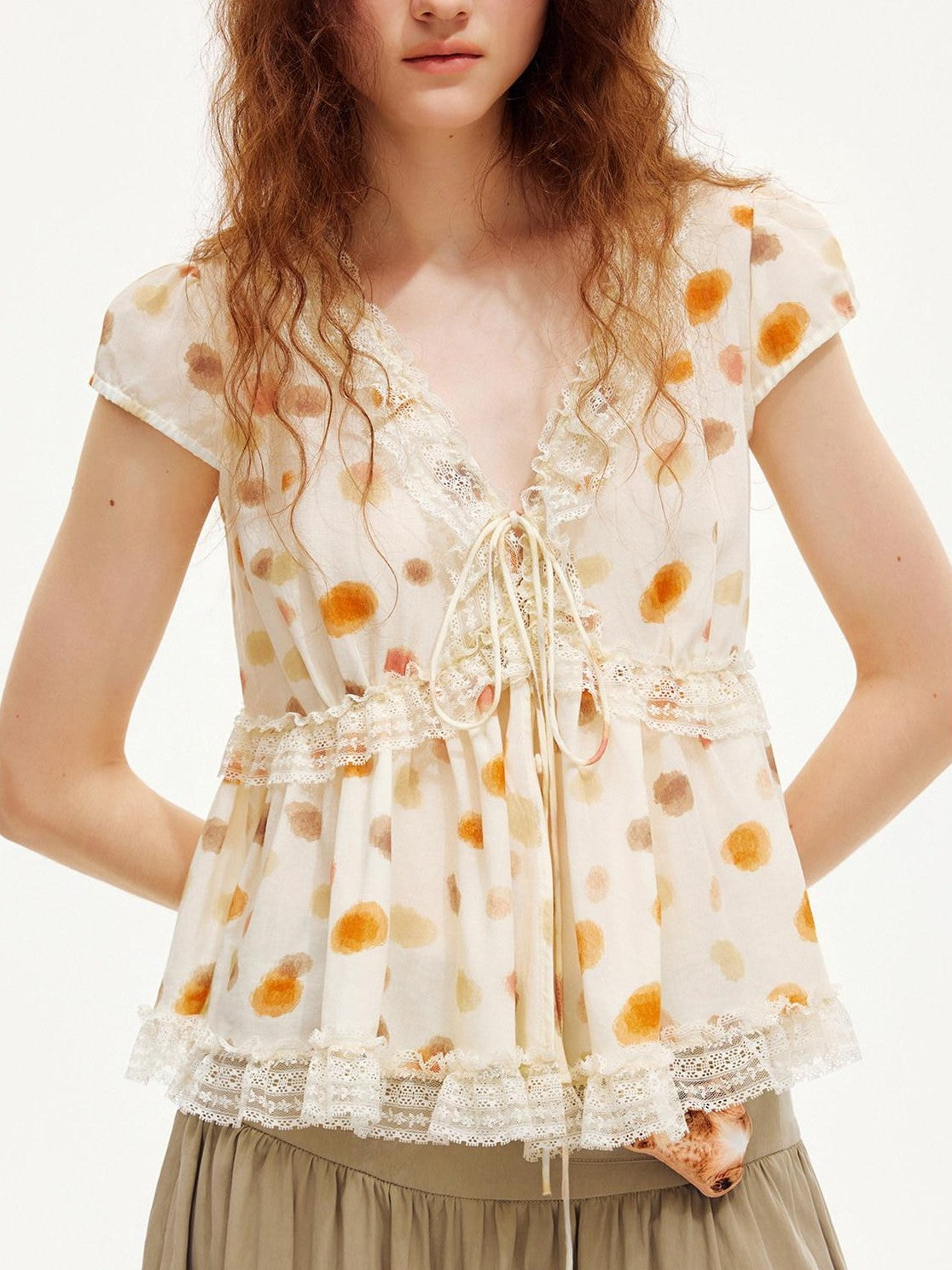 OuttheBlue Polka Dot Lace Trim Tie Front Puff Sleeve Women&