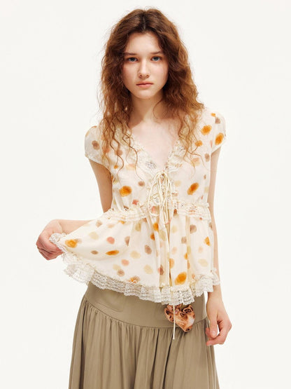 OuttheBlue Polka Dot Lace Trim Tie Front Puff Sleeve Women&