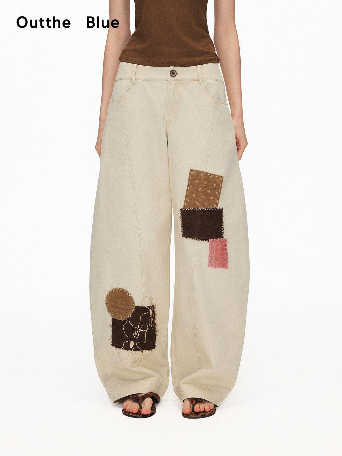 OuttheBlue Pure Cotton Embroidered Vintage Curved Leg Khaki Women Wide-Leg Pants