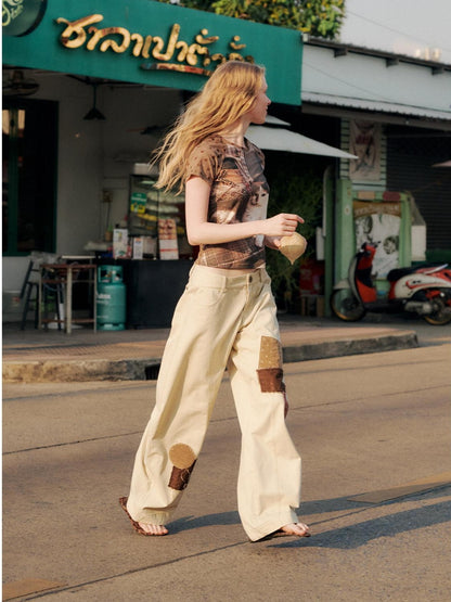 OuttheBlue Pure Cotton Embroidered Vintage Curved Leg Khaki Women Wide-Leg Pants