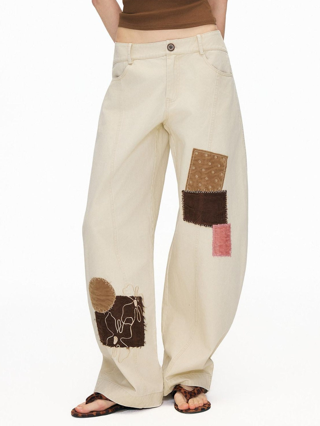 OuttheBlue Pure Cotton Embroidered Vintage Curved Leg Khaki Women Wide-Leg Pants
