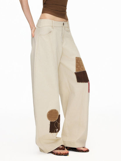 OuttheBlue Pure Cotton Embroidered Vintage Curved Leg Khaki Women Wide-Leg Pants