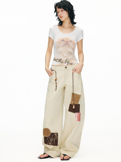 OuttheBlue Pure Cotton Embroidered Vintage Curved Leg Khaki Women Wide-Leg Pants