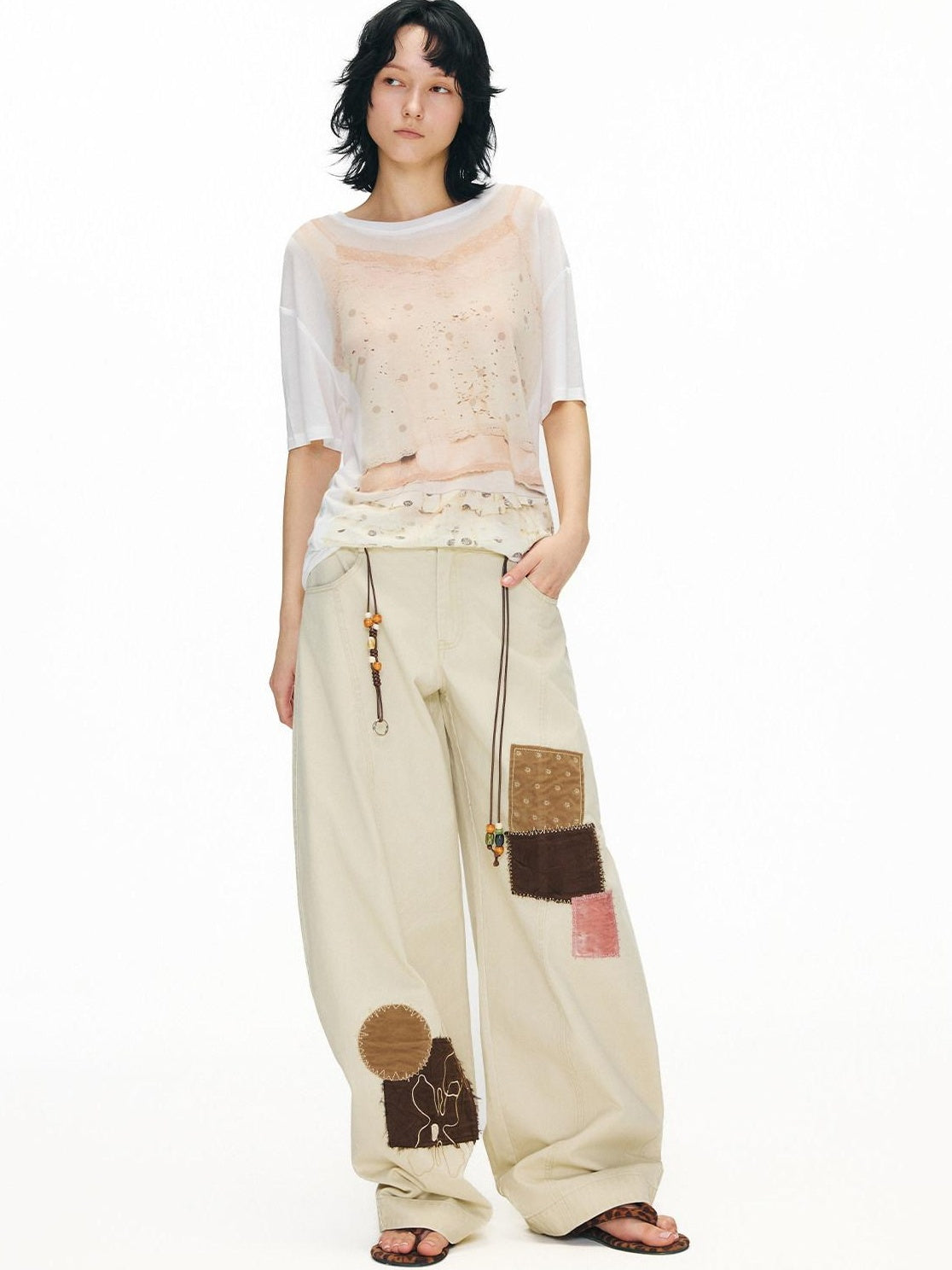 OuttheBlue Pure Cotton Embroidered Vintage Curved Leg Khaki Women Wide-Leg Pants