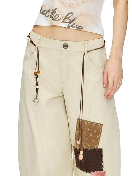 OuttheBlue Pure Cotton Embroidered Vintage Curved Leg Khaki Women Wide-Leg Pants