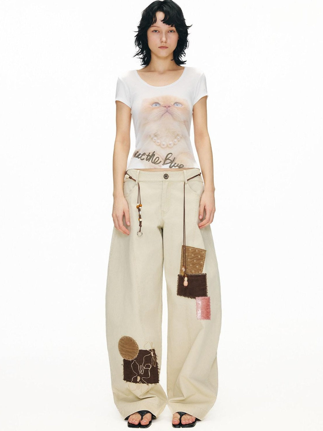 OuttheBlue Pure Cotton Embroidered Vintage Curved Leg Khaki Women Wide-Leg Pants
