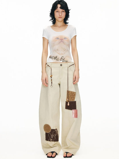 OuttheBlue Pure Cotton Embroidered Vintage Curved Leg Khaki Women Wide-Leg Pants