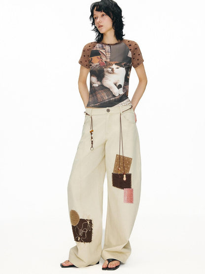 OuttheBlue Pure Cotton Embroidered Vintage Curved Leg Khaki Women Wide-Leg Pants