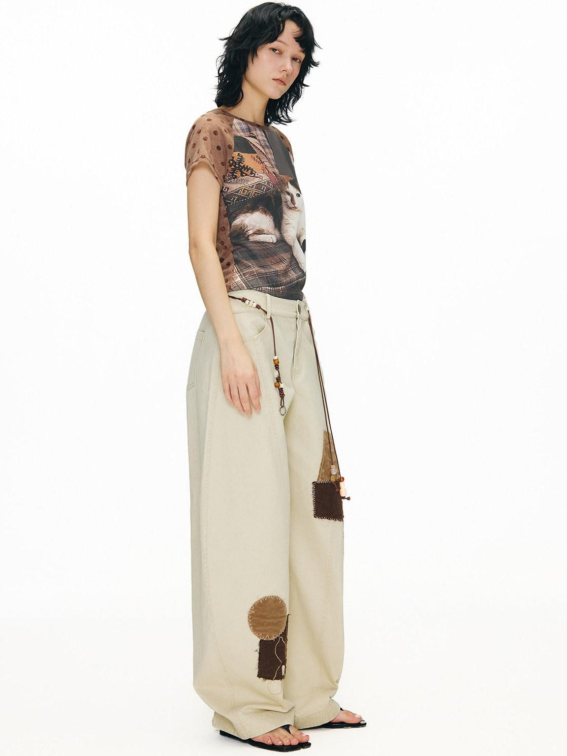 OuttheBlue Pure Cotton Embroidered Vintage Curved Leg Khaki Women Wide-Leg Pants