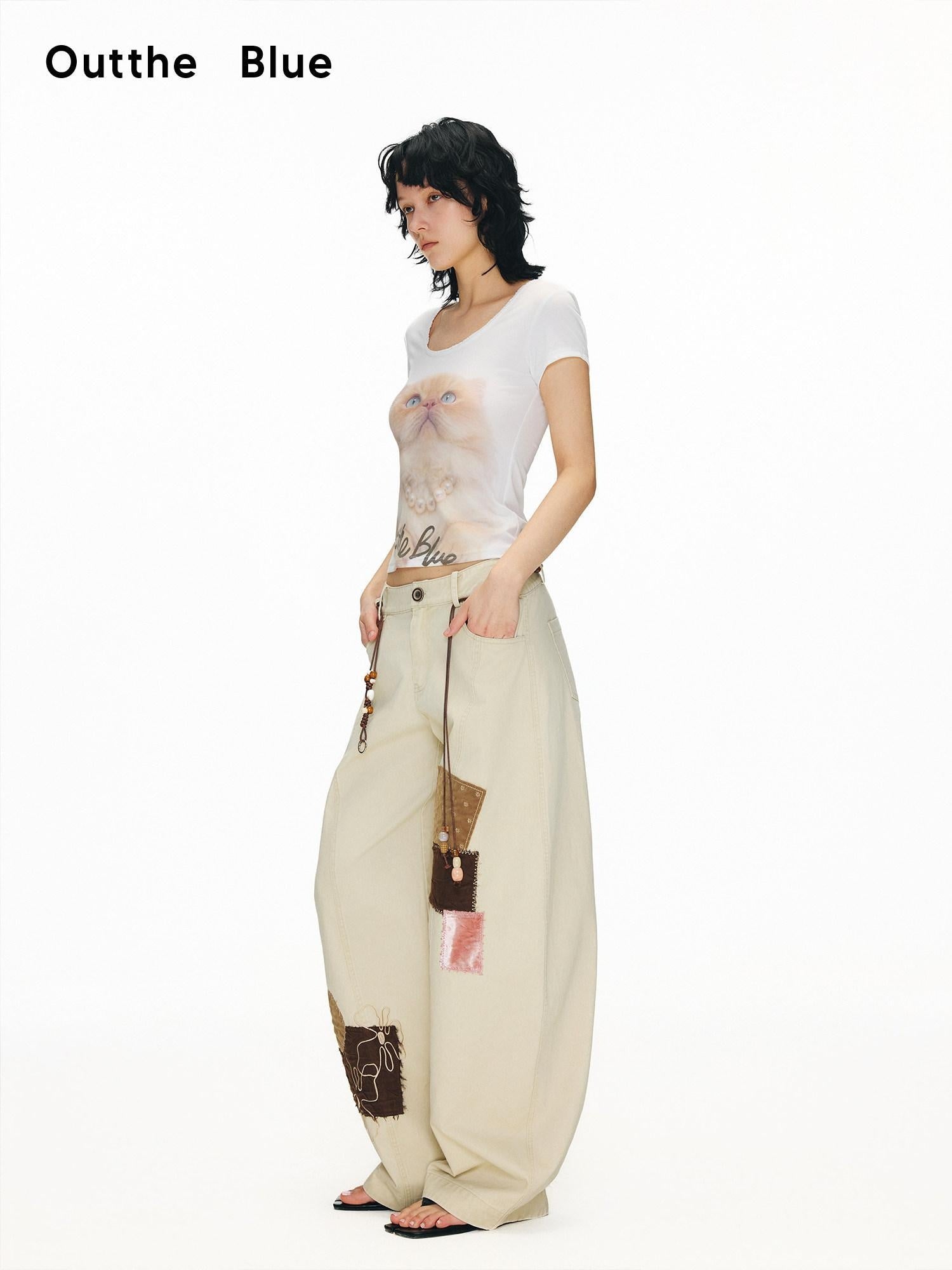 OuttheBlue Pure Cotton Embroidered Vintage Curved Leg Khaki Women Wide-Leg Pants