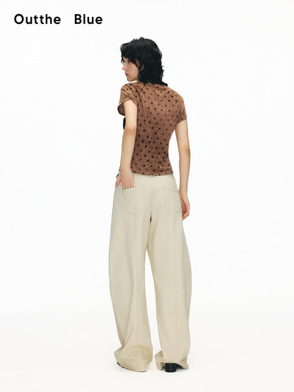 OuttheBlue Pure Cotton Embroidered Vintage Curved Leg Khaki Women Wide-Leg Pants