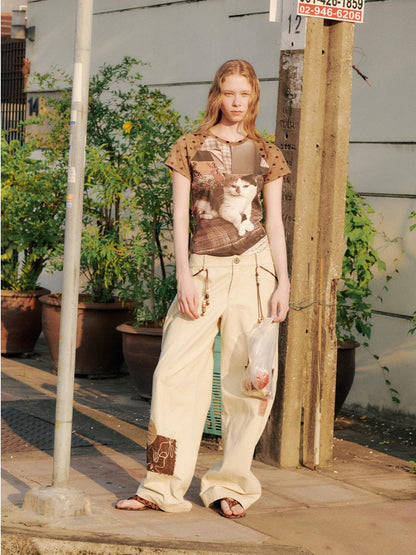 OuttheBlue Pure Cotton Embroidered Vintage Curved Leg Khaki Women Wide-Leg Pants