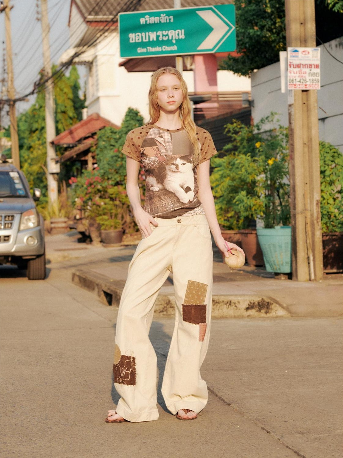 OuttheBlue Pure Cotton Embroidered Vintage Curved Leg Khaki Women Wide-Leg Pants