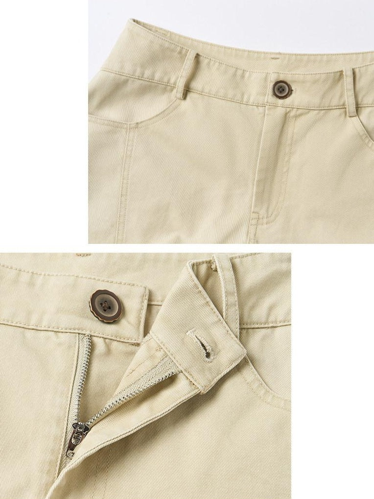OuttheBlue Pure Cotton Embroidered Vintage Curved Leg Khaki Women Wide-Leg Pants