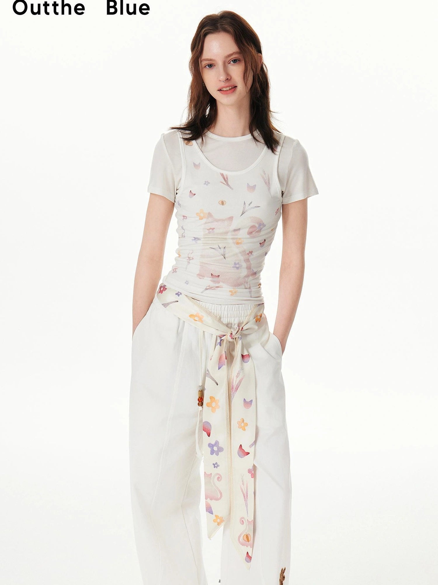 OuttheBlue Rayon Blend Floral Print Short Sleeve V-neck T-shirt
