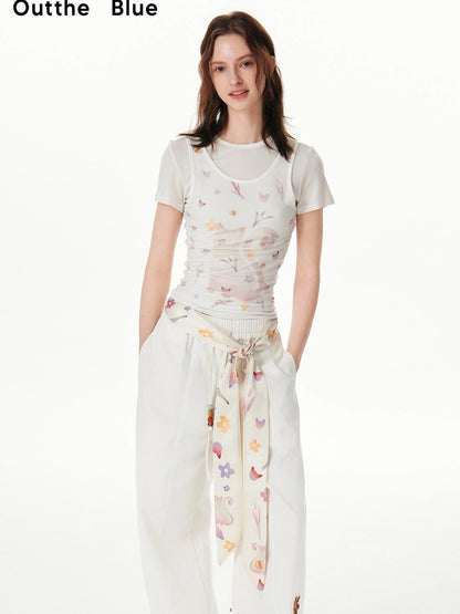 OuttheBlue Rayon Blend Floral Print Short Sleeve V-neck T-shirt