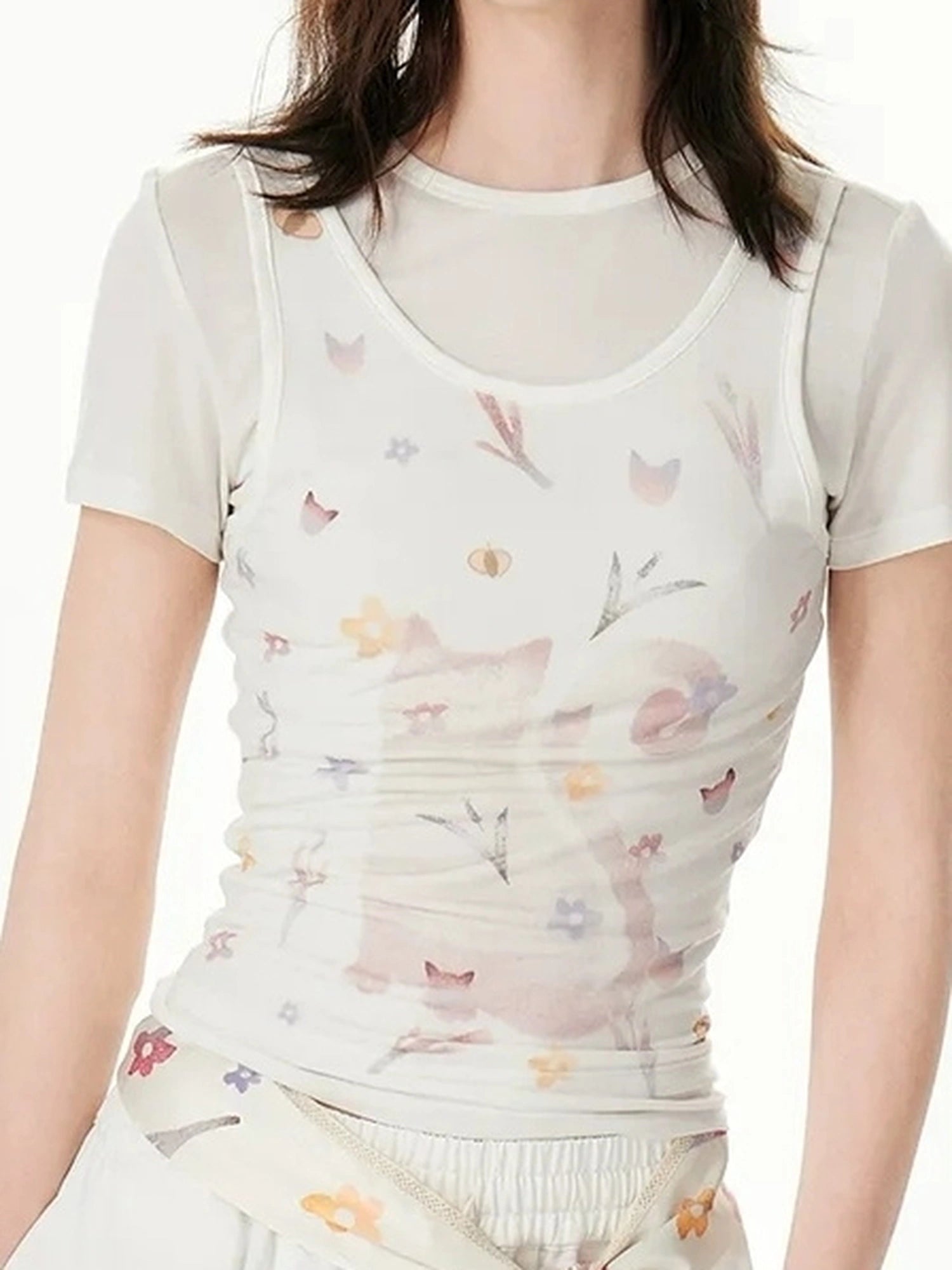 OuttheBlue Rayon Blend Floral Print Short Sleeve V-neck T-shirt