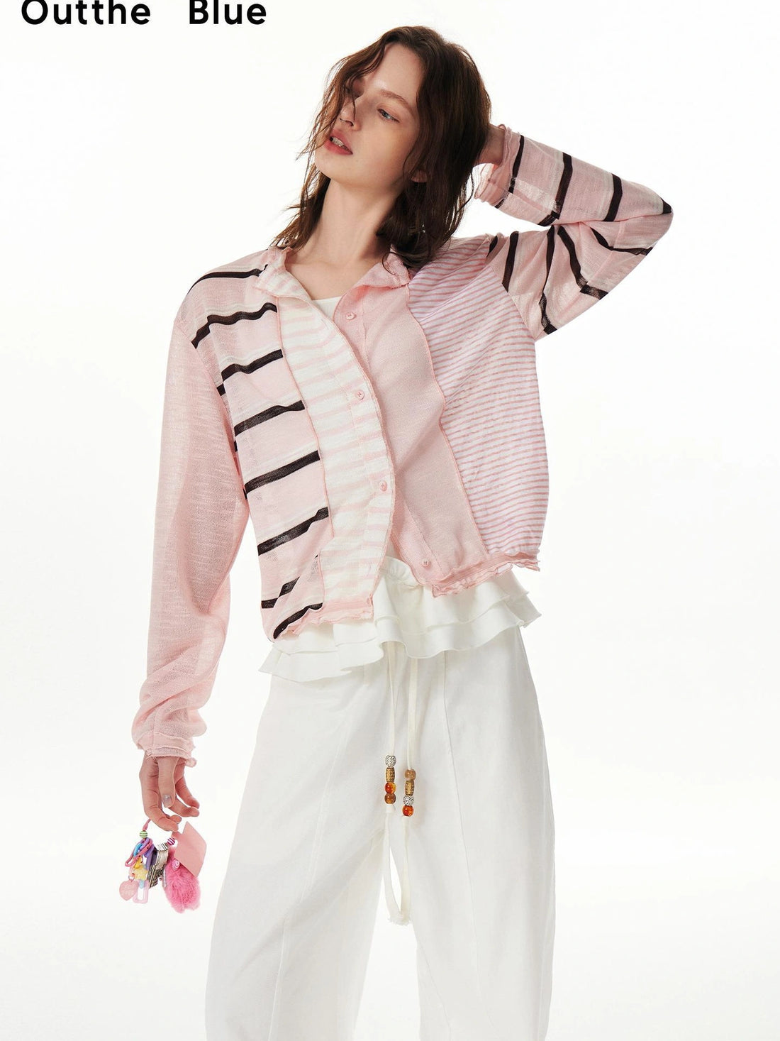 OuttheBlue Rayon Blend Pink Striped Knit Cardigan