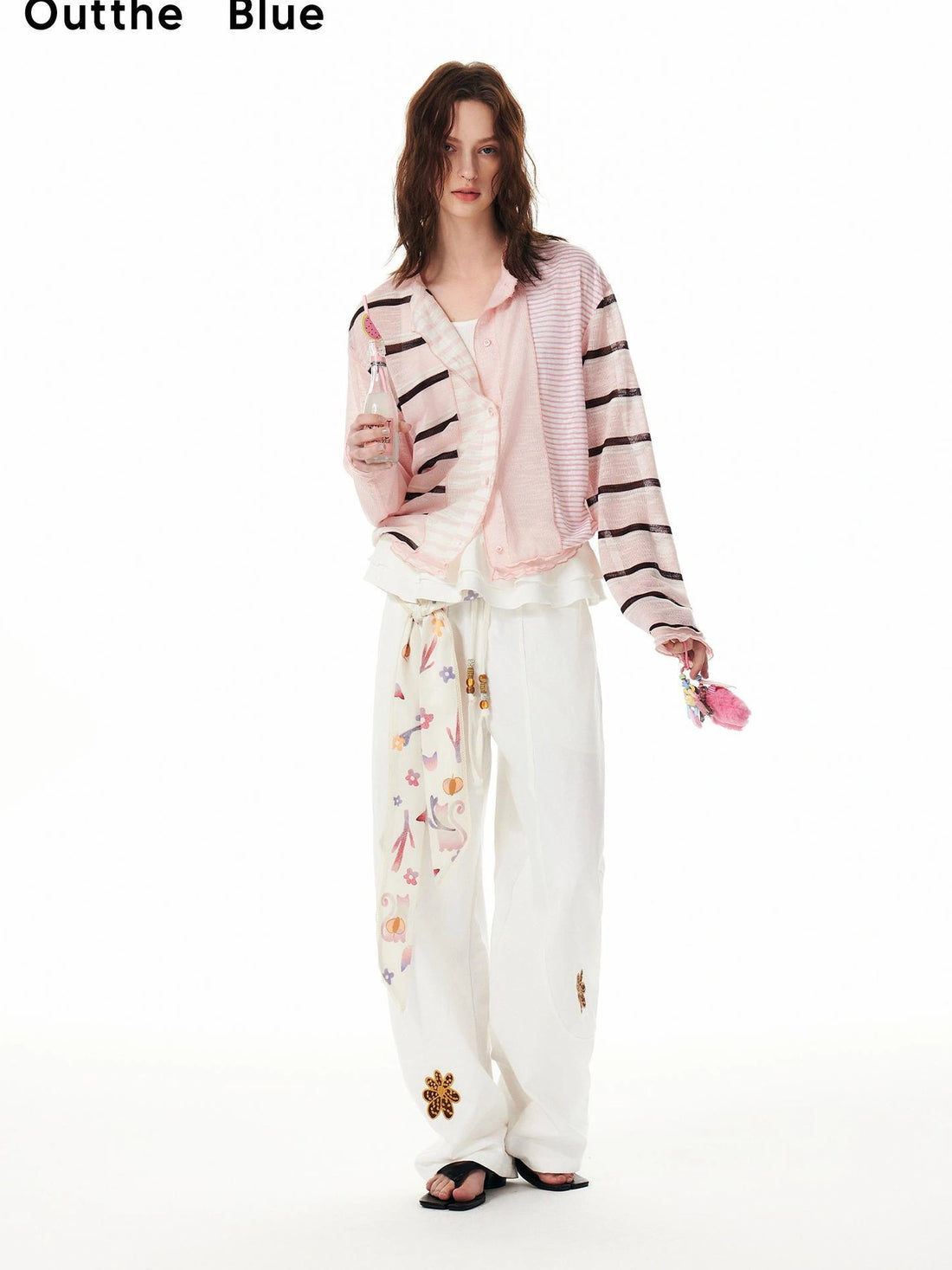 OuttheBlue Rayon Blend Pink Striped Knit Cardigan