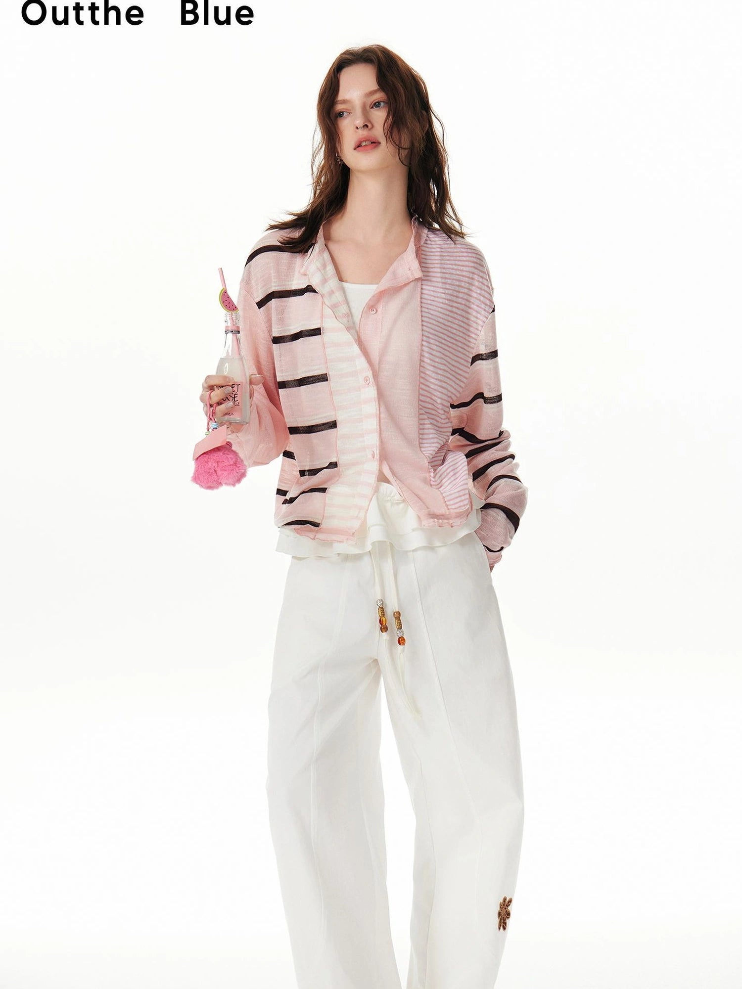 OuttheBlue Rayon Blend Pink Striped Knit Cardigan