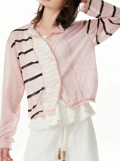 OuttheBlue Rayon Blend Pink Striped Knit Cardigan