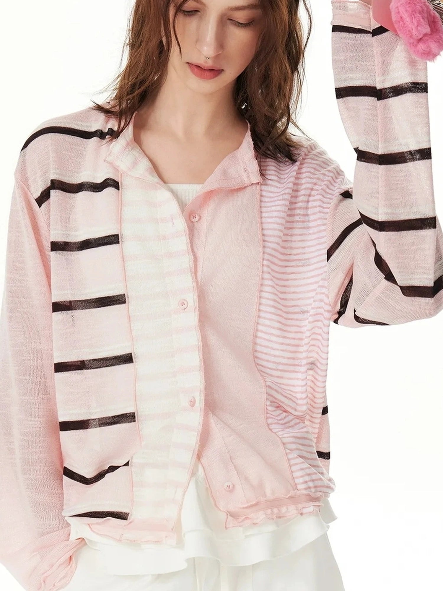OuttheBlue Rayon Blend Pink Striped Knit Cardigan