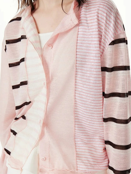 OuttheBlue Rayon Blend Pink Striped Knit Cardigan