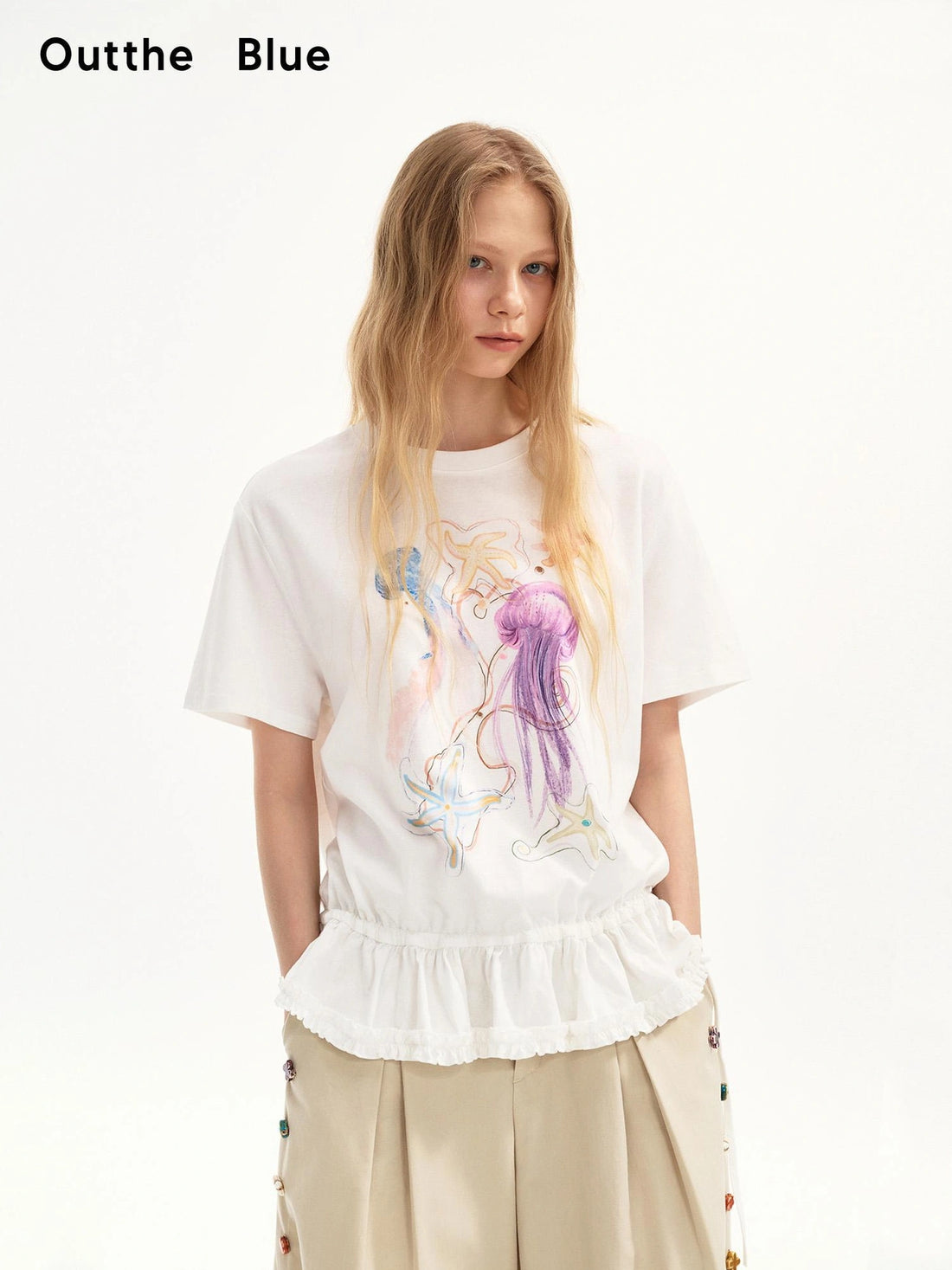 OuttheBlue Rayon Linen Blend Ruffle Hem Tee