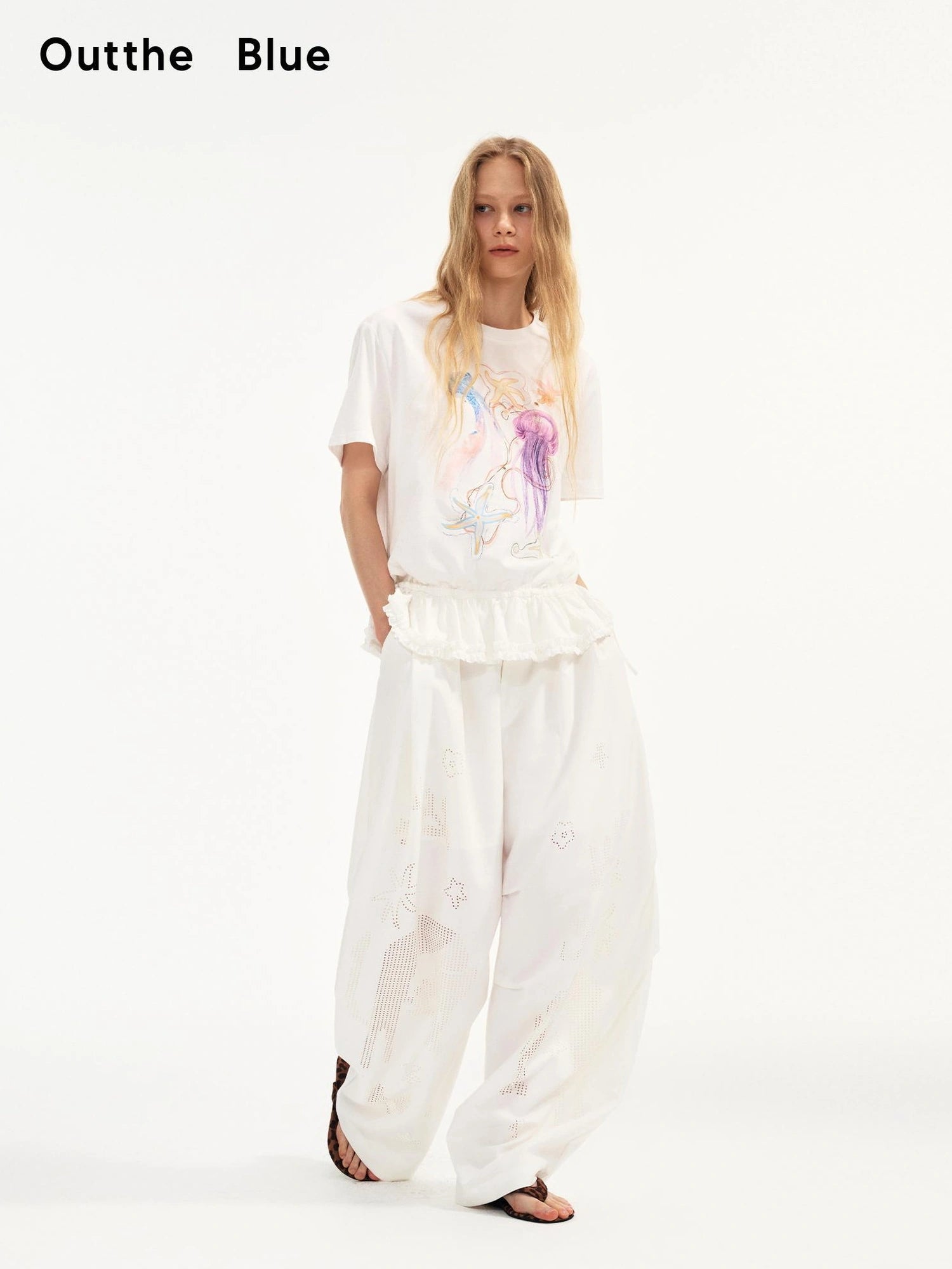 OuttheBlue Rayon Linen Blend Ruffle Hem Tee