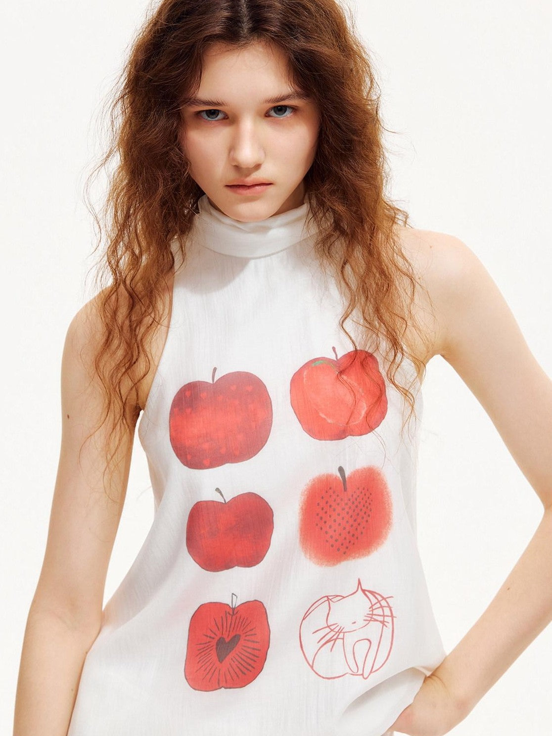 OuttheBlue Red Apple Print Ribbon Tie High Neck Women&
