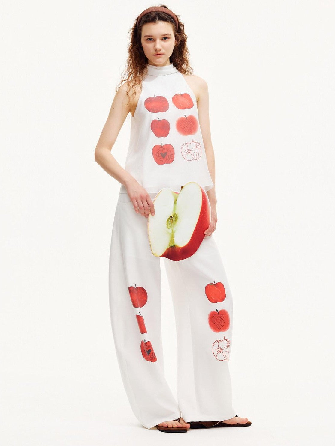 OuttheBlue Red Apple Print Ribbon Tie High Neck Women&