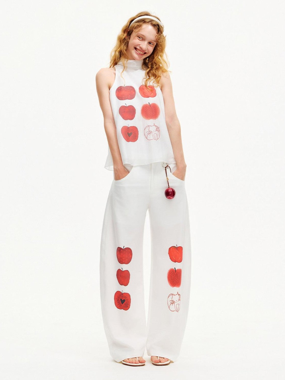 OuttheBlue Red Apple Print Ribbon Tie High Neck Women&