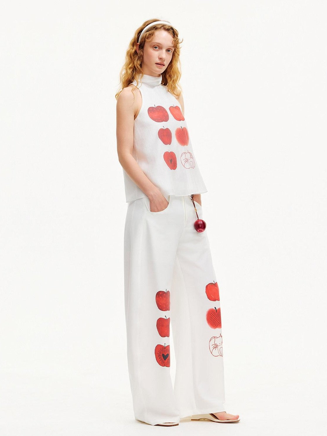OuttheBlue Red Apple Print Ribbon Tie High Neck Women&