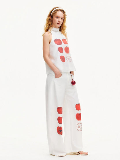 OuttheBlue Red Apple Print Ribbon Tie High Neck Women&