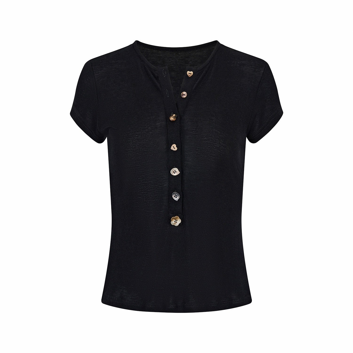 OuttheBlue Regenerated Cellulose Stretch V-neck Cropped Casual Black Short Sleeve T-Shirts