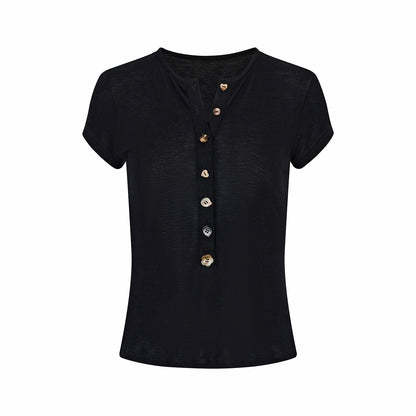 OuttheBlue Regenerated Cellulose Stretch V-neck Cropped Casual Black Short Sleeve T-Shirts