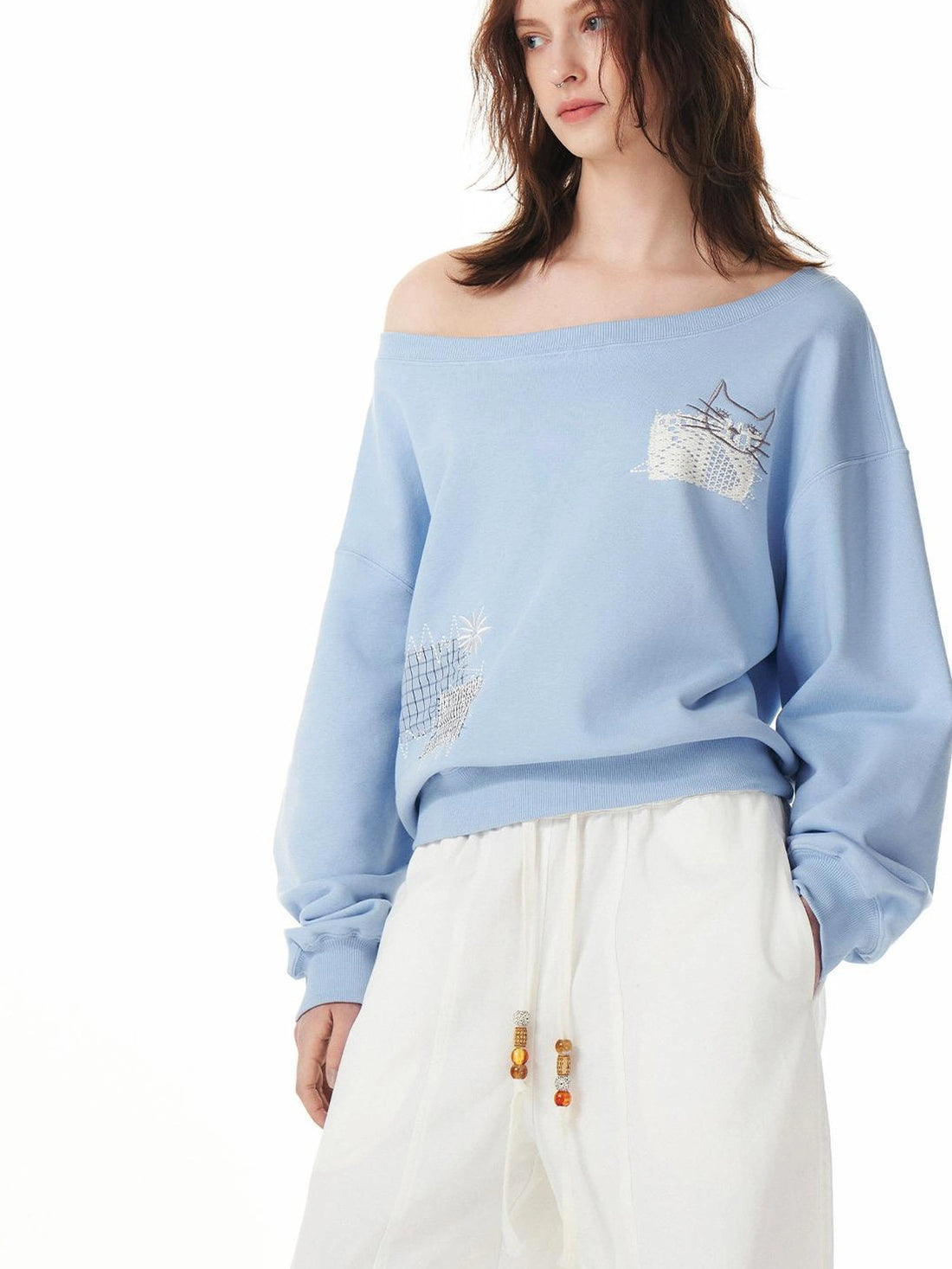 OuttheBlue Relaxed Cat Patch Off Shoulder Sweatshirt