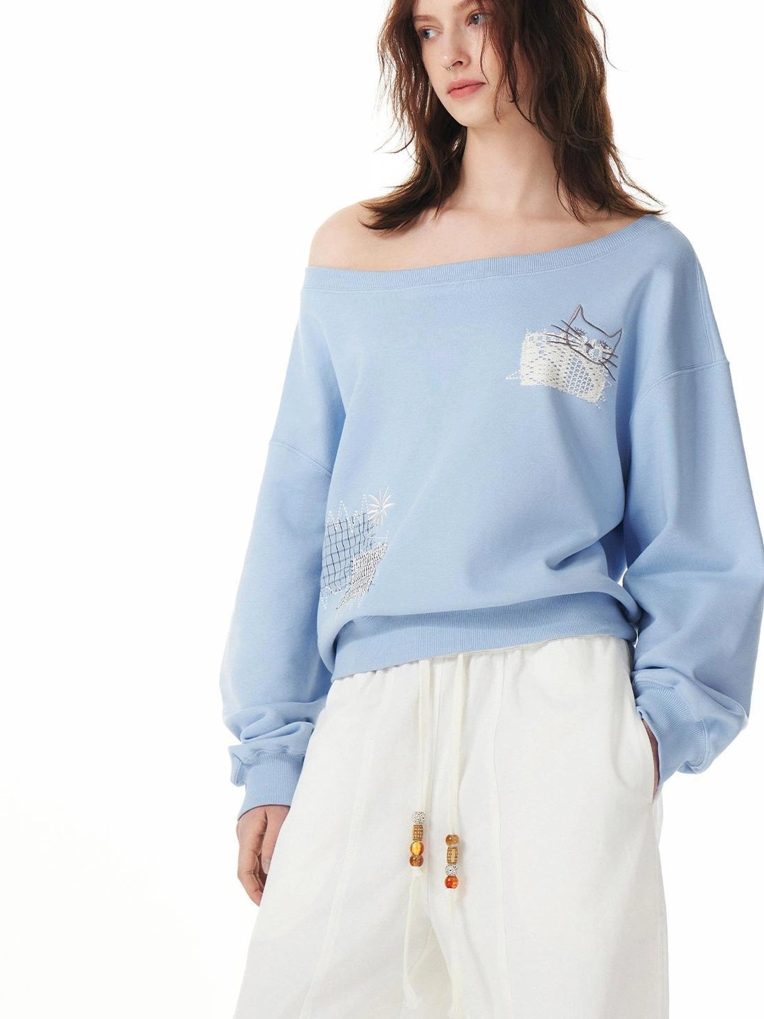 OuttheBlue Relaxed Cat Patch Off Shoulder Sweatshirt